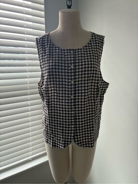 NWT Gap Women's Boatneck Linen-Blend Button-Up Brown Checkered Top